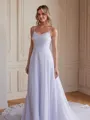 A-Line/Princess Chiffon Lace Spaghetti Straps Sleeveless Chapel Train Wedding Dresses