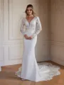 Sheath/Column Stretch Crepe Lace V-neck Long Sleeves Cathedral Train Wedding Dresses