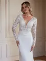 Sheath/Column Stretch Crepe Lace V-neck Long Sleeves Cathedral Train Wedding Dresses
