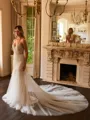 Trumpet/Mermaid Tulle Lace V-neck Sleeveless Cathedral Train Wedding Dresses