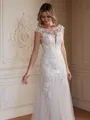 Sheath/Column Tulle Lace Scoop Sleeveless Court Train Wedding Dresses