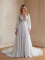 A-Line/Princess Chiffon Applique Scoop Long Sleeves Chapel Train Wedding Dresses