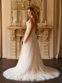 A-Line/Princess Tulle Applique V-neck Sleeveless Court Train Wedding Dresses
