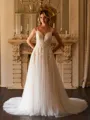 A-Line/Princess Tulle Applique V-neck Sleeveless Court Train Wedding Dresses