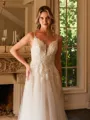 A-Line/Princess Tulle Applique V-neck Sleeveless Court Train Wedding Dresses