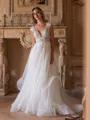 A-Line/Princess Organza Lace V-neck Short Sleeves Court Train Wedding Dresses