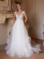 A-Line/Princess Organza Lace V-neck Short Sleeves Court Train Wedding Dresses
