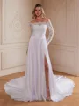 A-Line/Princess Satin Chiffon Lace Off-the-Shoulder Long Sleeves Cathedral Train Wedding Dresses