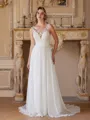 A-Line/Princess Chiffon Lace Scoop Sleeveless Sweep/Brush Train Wedding Dresses
