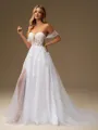 A-line Off-the-Shoulder Appliques Lace Chapel Train Tulle Corset Wedding Dress
