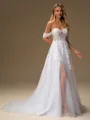 A-line Off-the-Shoulder Appliques Lace Chapel Train Tulle Corset Wedding Dress