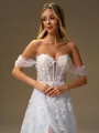 A-line Off-the-Shoulder Appliques Lace Chapel Train Tulle Corset Wedding Dress