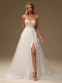 A-line Sweetheart Long Sleeves Appliques Lace Chapel Train Tulle Corset Wedding Dress