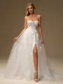 A-line Sweetheart Long Sleeves Appliques Lace Chapel Train Tulle Corset Wedding Dress