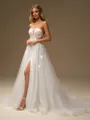 A-line Sweetheart Long Sleeves Appliques Lace Chapel Train Tulle Corset Wedding Dress