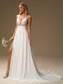 A-line V-neck Sequin Court Train 30D Chiffon Wedding Dress