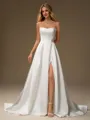 A-line Straight Pleated Court Train Satin Wedding Dress
