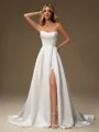 A-line Straight Pleated Court Train Satin Wedding Dress