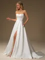 A-line Straight Pleated Court Train Satin Wedding Dress