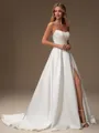 A-line Straight Pleated Court Train Satin Wedding Dress
