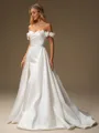 Sheath Off-the-Shoulder Flower Court Train Satin Convertible Wedding Dress