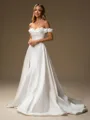 Sheath Off-the-Shoulder Flower Court Train Satin Convertible Wedding Dress