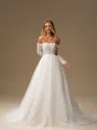 A-line Off-the-Shoulder Long Sleeves Appliques Lace Chapel Train Tulle Corset Wedding Dress