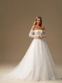 A-line Off-the-Shoulder Long Sleeves Appliques Lace Chapel Train Tulle Corset Wedding Dress