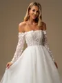 A-line Off-the-Shoulder Long Sleeves Appliques Lace Chapel Train Tulle Corset Wedding Dress