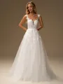 A-line Scoop Appliques Lace Sweep Train Tulle Wedding Dress