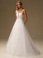 A-line Scoop Appliques Lace Sweep Train Tulle Wedding Dress