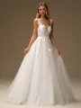 A-line Scoop Appliques Lace Sweep Train Tulle Wedding Dress
