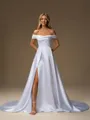 A-line Off-the-Shoulder Pleated Chapel Train Satin Corset Wedding Dress