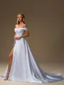 A-line Off-the-Shoulder Pleated Chapel Train Satin Corset Wedding Dress