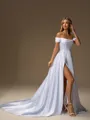 A-line Off-the-Shoulder Pleated Chapel Train Satin Corset Wedding Dress
