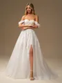 A-line Off-the-Shoulder Appliques Lace Court Train Tulle Corset Wedding Dress