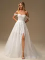 A-line Off-the-Shoulder Appliques Lace Court Train Tulle Corset Wedding Dress