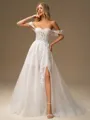 A-line Off-the-Shoulder Appliques Lace Court Train Tulle Corset Wedding Dress