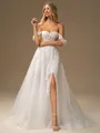A-line Off-the-Shoulder Appliques Lace Court Train Tulle Corset Wedding Dress