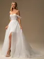 A-line Off-the-Shoulder Appliques Lace Court Train Tulle Corset Wedding Dress