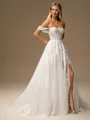 A-line Off-the-Shoulder Appliques Lace Court Train Tulle Corset Wedding Dress