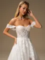 A-line Off-the-Shoulder Appliques Lace Court Train Tulle Corset Wedding Dress