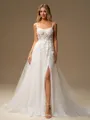 A-line Spaghetti Straps Appliques Lace Court Train Tulle Corset Wedding Dress