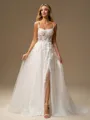 A-line Spaghetti Straps Appliques Lace Court Train Tulle Corset Wedding Dress