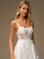 A-line Spaghetti Straps Appliques Lace Court Train Tulle Corset Wedding Dress