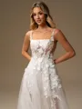 A-line Square Appliques Lace Court Train Tulle Corset Wedding Dress