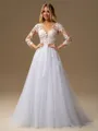 A-line Scoop Long Sleeves Appliques Lace Court Train Tulle Wedding Dress