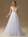 A-line Scoop Long Sleeves Appliques Lace Court Train Tulle Wedding Dress