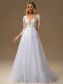 A-line Scoop Long Sleeves Appliques Lace Court Train Tulle Wedding Dress