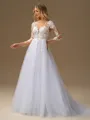 A-line Scoop Long Sleeves Appliques Lace Court Train Tulle Wedding Dress